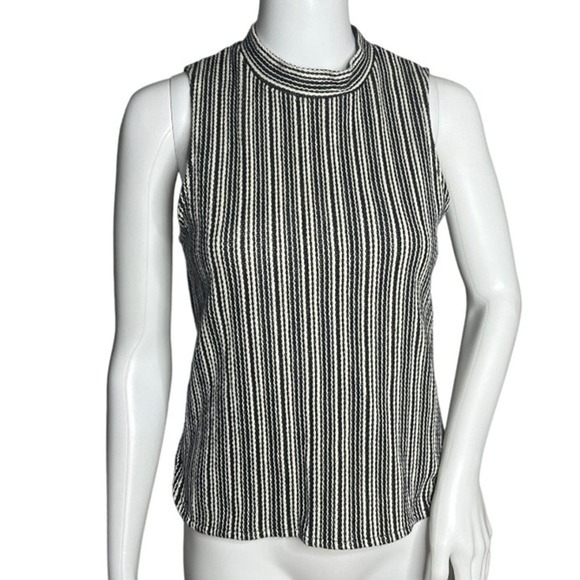 Madewell Shirt Women Small Mock Neck Textured Top White Gray Black Stripe Casual - Picture 1 of 8